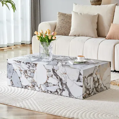Produktbild von Weißer rechteckiger Couchtisch mit Marmorimitat, 90x50x30 cm, MDF, keine Montage nötig, geeignet für modernen Luxus-, Skandinavien- und Nordeuropa-Stil