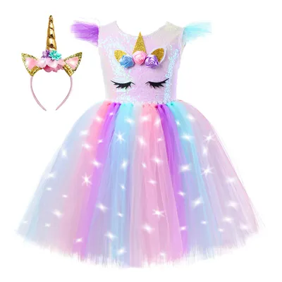 Produktbild von Einhorn-Tutu-Kleid für Mädchen mit Pailletten, Einhorn-Motiv und flatternden Ärmeln – Kostüm für Geburtstagsfeiern L
