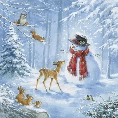Produktbild von 20 Servietten Snowmen´s Friends - Tiere spielen mit Schneemann 33x33cm