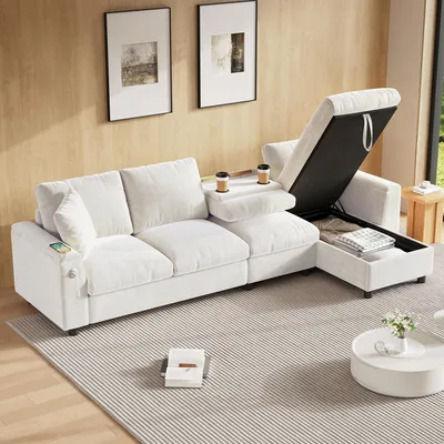 Image de MODFU Canapé d’Angle 4 Places Modulable - Avec Lit Intégré, Table Relevable et Rangements Accoudoirs, Tissu Chenille Confort - Beige