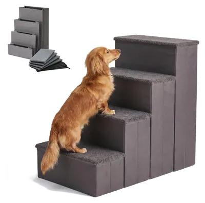 Produktbild von Relaxdays Hundetreppe, 4 Stufen, Stauraum, HxBxT: 65 x 40 x 70 cm, faltbar, Stoffbezug, Hunderampe Bett & Sofa, grau