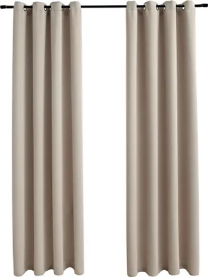 Two beige curtains hanging from a curtain rod against a white background.