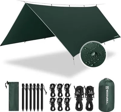 Obrázek produktu pro Nepromokavá plachta 3 x 4 mPolyuretan3000 mm - Plachta s oky a 6 hliníkovými kolíky - Ideální pro kempování a houpací sítě - Bessport Tarp Tent
