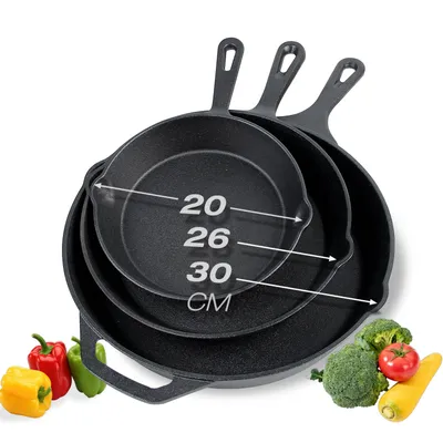 Produktbild von Gusseisenpfanne 3 tlg Pfannenset HOMELUX Bratpfanne Gusseisen Pfanne Induktion, Antihaft Pfanne 20cm,26cm,30cm,Geeignet für alle Herdarten