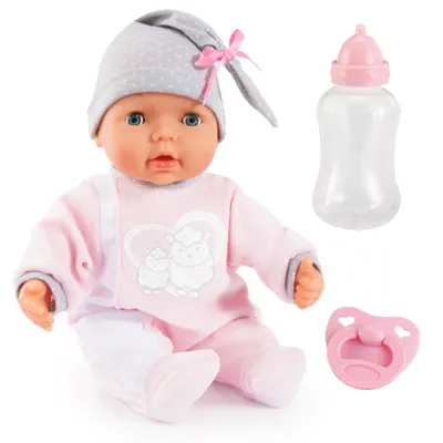 Obrázek produktu pro Bayer Design 93829AA My Piccolina Interaktivní panenka s funkcí, mluvící, dětské zvuky, pohybuje ústy, 38 cm, růžová, šedá s motivem ovečky