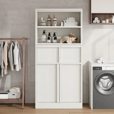 Immagine prodotto di Mobiletto da bagno con 2 ante, 2 cassetti e 2 ripiani, colore bianco, dimensioni 60x30x130 cm