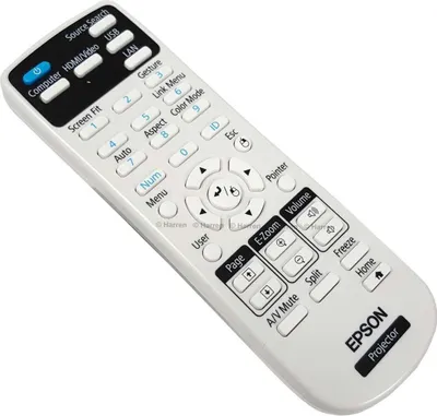 A white remote control for an Epson projector is shown against a white background.