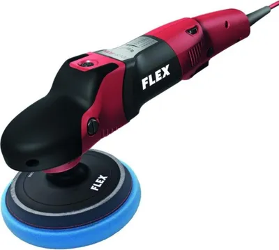 A red and black Flex brand polisher with a blue foam pad.
