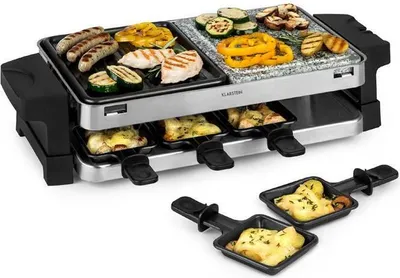 Produktbild von Klarstein Sirloin Raclette-Grill, 1500 Watt, 2-in-1: Aluminium-Grillplatte & Natursteinplatte, Edelstahl-Heizelement, regulierbarer Thermostat, für 8 Personen, Raclette-Pfannen aus Stahl