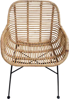 A single rattan chair with a black metal frame, shown from the front against a white background.