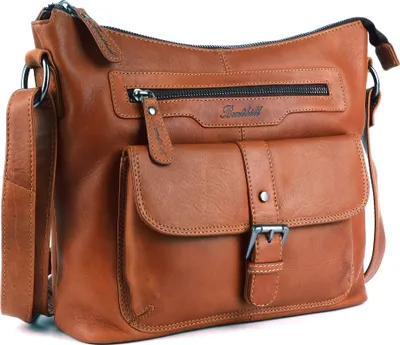 A brown leather handbag is shown against a white background.