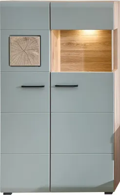 Image de Vitrine >Kathlin< 2 Türen, inkl. LED, schilfgrün / Eiche Dekor - 80x139x37 (BxHxT)