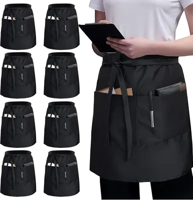 Produktbild von Schwarze Schürzen, 8 Stück, 55 x 86 cm, Halbschürzen mit 3 Taschen, kurze Länge, für Café, Restaurant, Küche, Bar, Kellner, Bäcker
