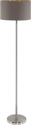 A floor lamp with a gray shade and a metallic base and pole.