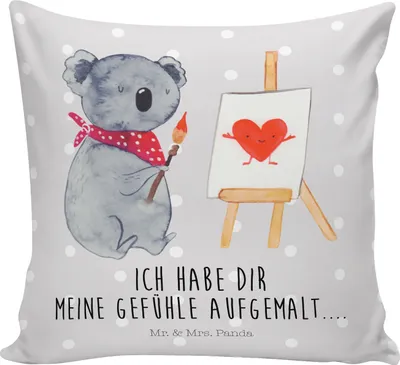 Produktbild von Mr. & Mrs. Panda kuschelkissen 40x40 Koala Künstler - Grau Pastell - Geschenk, Liebesgeschenk, Kissen, Deko, Gefühle, Polster, Liebe, Dekokissen, für sofa, Zeichnen