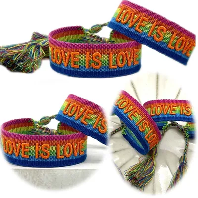 Produktbild von LS-LebenStil Canvas Statement Armband Love Love Regenbogen besticktes Stoffarmband gewebt textiles Quasten Spruch Boho Geschenk Freundschaftsarmband