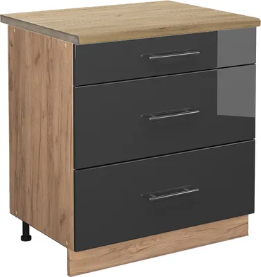 Produktbild von Küchenunterschrank Vicco Fame-Line Anthrazit Hochglanz 80 cm mit 3 Schubladen, AP Eiche, Model 46739