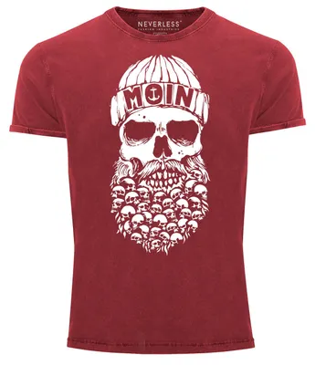 Produktbild von Herren Vintage Shirt Totenkopf Nordisch Moin Hamburg Dialekt Skull Anker Fashion Streetstyle Neverless® rot M
