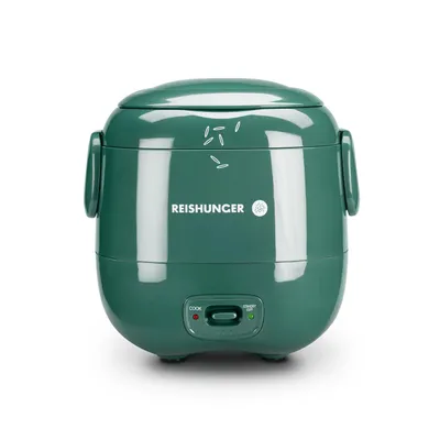 A green mini rice cooker shown from the front on a white background.