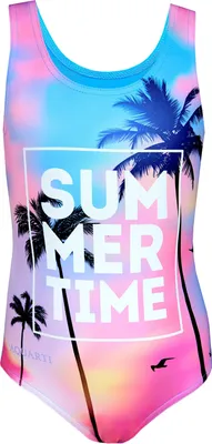 Produktbild von Aquarti Mädchen Badeanzug mit Ringerrücken Print, Farbe: Summer /Time /Blau /Pink /Lila, Größe: 146