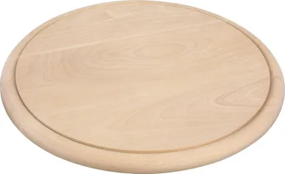 A round wooden cutting board with a raised rim.