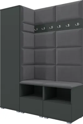 A dark gray corner wardrobe with a bench and storage compartments.