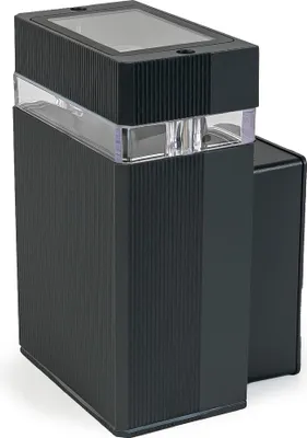 A black outdoor wall light with a clear plastic section and a solar panel on top.