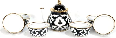 Produktbild von Service Pahta Gul 7 tlg, Teekanne 0,9 L 6 Schalen Teetassen weiß-blau-gold aus Usbekistan Pahta gül Porzellan