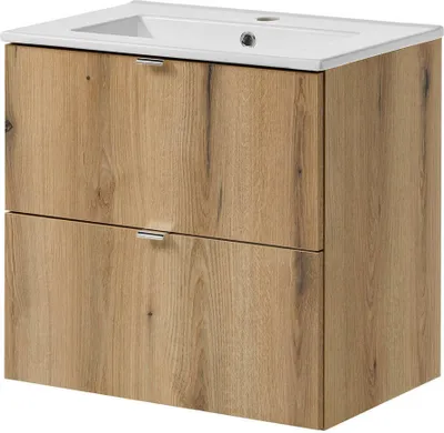 A bathroom vanity with a sink and two drawers, presented against a white background.