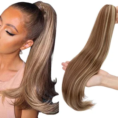 Image de Pièce de cheveux queue de cheval, 55 cm, bouclée, à clipser, en fibres synthétiques, couleur blond clair et blond cendré