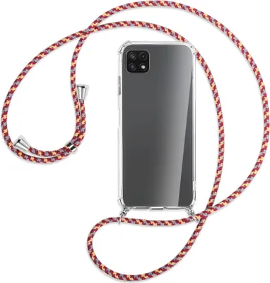 Produktbild von Handykette Backcover-Schutzhülle mit Band (Metall silberfarben) für Samsung Galaxy A22 5G (A226) - weinrot/gelb/grau