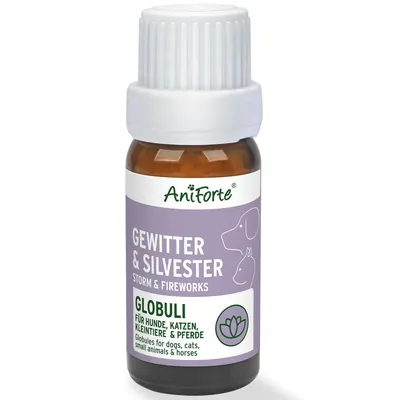 A product shot of a small bottle of AniForte Gewitter & Silvester Globuli.