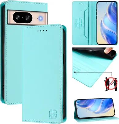 Produktbild von Lederhülle für Google Pixel 8 Hülle Flip Brieftasche Kartenfächern Ständer Schutzhülle Türkis