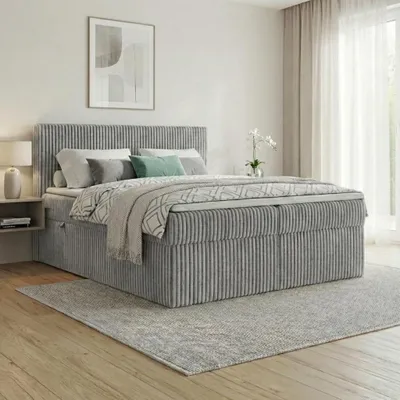 Produktbild von Boxspringbett RALF  200 x 200 cm mit Bettkasten, Topper und gepolstertem Kopfteil. Farbe:  Grau, Härtegraden:  H3 , Topper: Visco-Topper