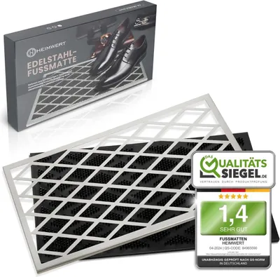 Produktbild von Heimwert Premium Fußmatte für Außen aus rostfreiem Edelstahl | Abnehmbarer Edelstahlrahmen | Gummi-Schmutzfangmatte | Leicht zu reinigen | Ideal für Hauseingänge | 58x38cm