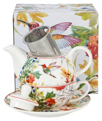 Produktbild von Duo | Teeservice - Tasse + Kanne - Porzellan - Cremeweiß - Edelstahl-Teefilter - Geschenkset - Blumendekor