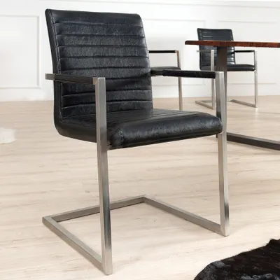 Produktbild von Freischwinger Stuhl LOFT antik schwarz mit gepolsterten Armlehnen und Edelstahlgestell Esszimmerstuhl