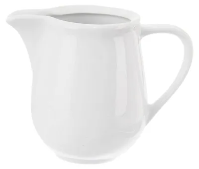 A white ceramic pitcher with a handle and spout, isolated on a white background.