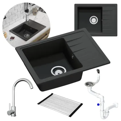 Produktbild von GranMaster Gracia Granitspülbecken Komplett-Set, Edelstahlarmatur, Siphon und Rollmata – 1-komoriger Spülbecken, Kratzfest, Hitzebeständig, Modernes