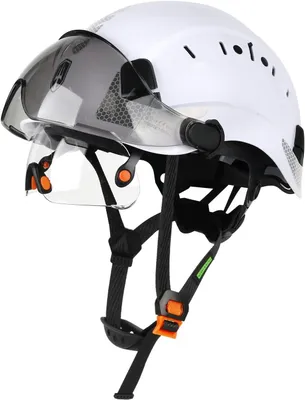 Imagen del producto de Casco de seguridad industrial con doble visera, ventilado, fabricado en ABS, que cumple con las normas EN397 y EN166, ideal para construcción y trabajos manuales