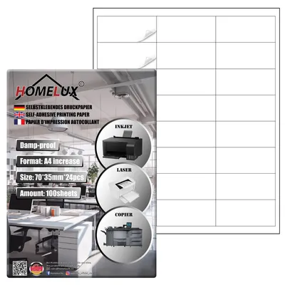 Produktbild von Homelux Universal-Etiketten A4-100 Blatt, 24 pro Blatt, matt, selbstklebende Etiketten, Bedruckbare Etiketten, kompatibel mit Tintenstrahl- und Laserd