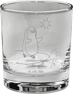 Produktbild von Mr. & Mrs. Panda Tumbler Pinguin Surfer - Transparent - Geschenk, Urlaub, Whiskeyglas, Portugal, Hawaii, Glas, Whisky, Motiviert, Scotch, Optimistisch, Whiskyglas