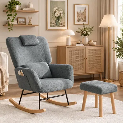 Image de Fauteuil berçant INONEFT, fauteuil relax avec poches et accoudoirs, fauteuil de salon avec coussin lombaire et repose-pieds, fauteuil rembourré, Laine, gris