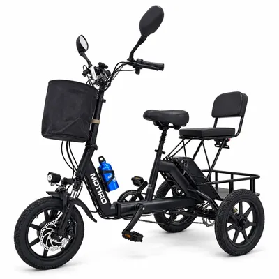 Productafbeelding van Motiro M12 elektrische driewieler voor volwassenen, 14 inch, zwart, 250 W, 36 V 10,4 Ah, tot 45 km, opvouwbaar, achterzitje met rugleuning, verende voorvork, schijfremmen