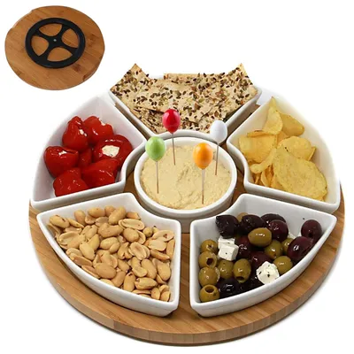 Produktbild von Solidchoice – Drehteller mit 6 Porzellanschüsseln und Deckel aus Bambus