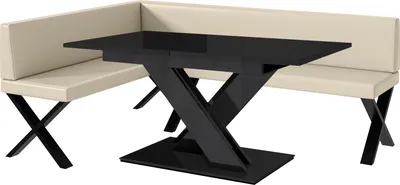Produktbild von MEBLINI Eckbank für Esszimmer mit ausziehbarem Tisch  - Küchenbank - Essecke - Sitzecke Küche - TONI - X-Beine 142x196x87cm Links - Creme Kunstleder/B Schwarz Hochgl.
