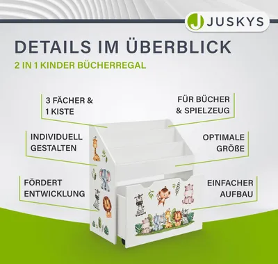 Produktbild von Juskys Kinder Bücherregal mit 3 Fächern & Spielzeugkiste - Holz Regal Weiß - 63x30x70 cm BTH - Aufbewahrung von Büchern & Spielzeug im Kinderzimmer