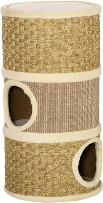 A cylindrical cat scratching post with multiple levels and openings.
