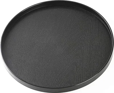 Zdjęcie produktu dla Okrągła drewniana taca - herbata - kawa - drewniana deska - owoce - deser - ciasto - przekąska - słodycze - miska na wodę - 27 x 2 cm - czarna taca kwadratowa 70x70