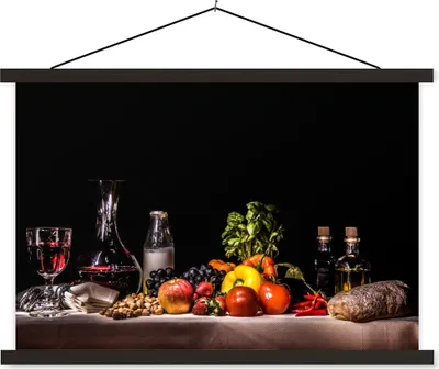 Produktbild von MuchoWow® Textilposter Stilleben - Essen - Trinken - Obst - Schwarz 60x40 cm mit schwarzem Rahmen - Hölzernes